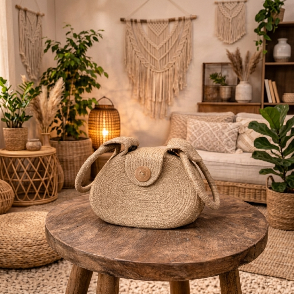 Handwoven Jute Handbag – Minimalist Sculpted Design