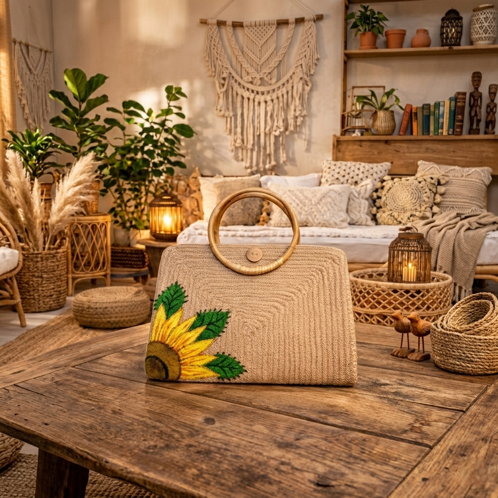 Handwoven Jute Handbag with Hand-painted Sunflower
