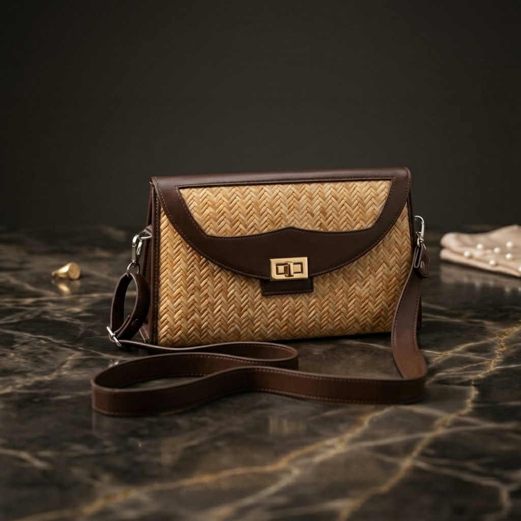 Handwoven Rattan & Leather Crossbody Bag – Elegant Natural Style