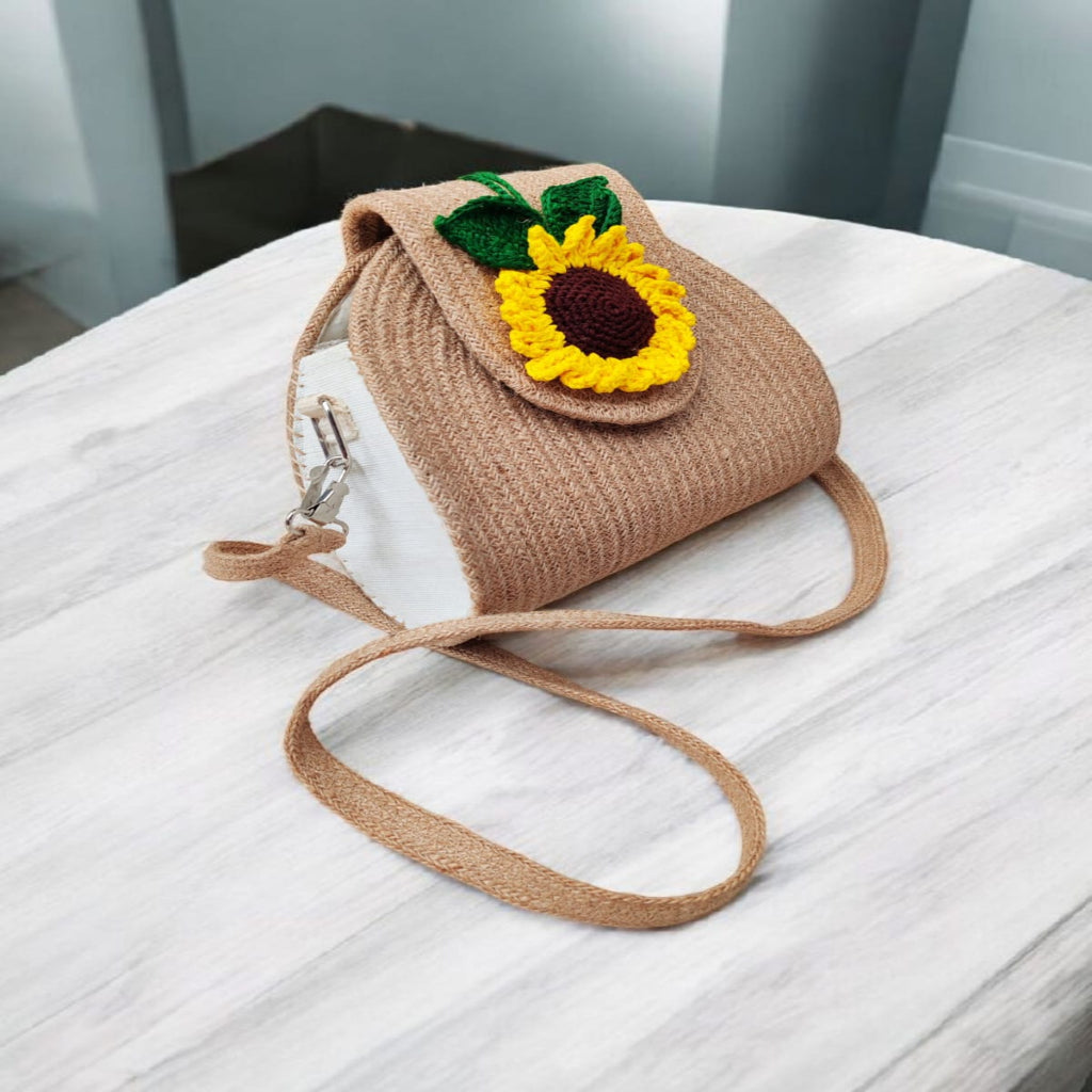 Handwoven Jute Mini Bag with Crochet Sunflower – Cute & Elegant Crossbody