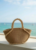 Natural Jute Tote Bag with Wooden Beaded Handles