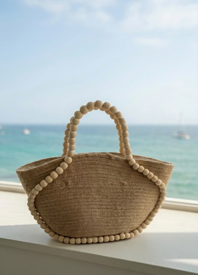 Natural Jute Tote Bag with Wooden Beaded Handles