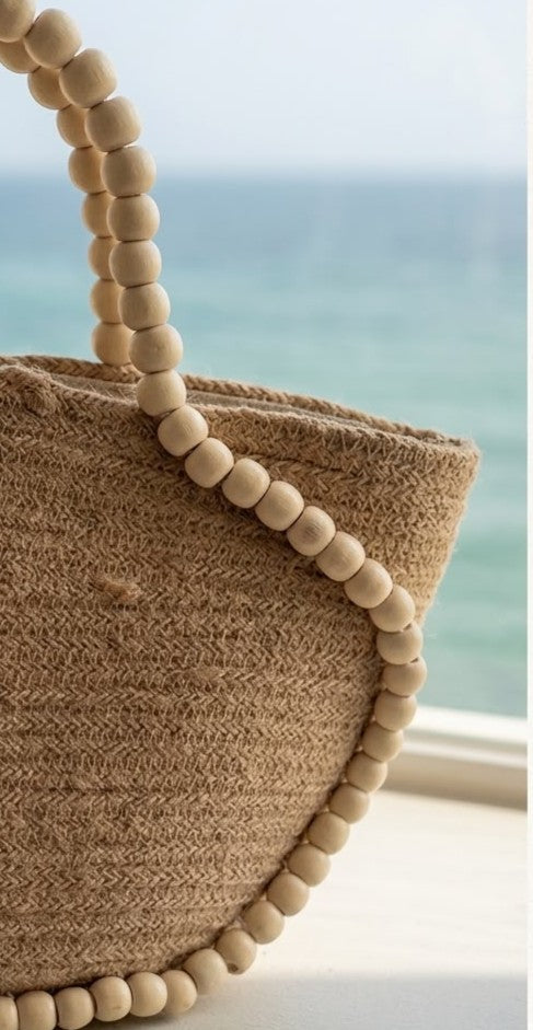 Natural Jute Tote Bag with Wooden Beaded Handles