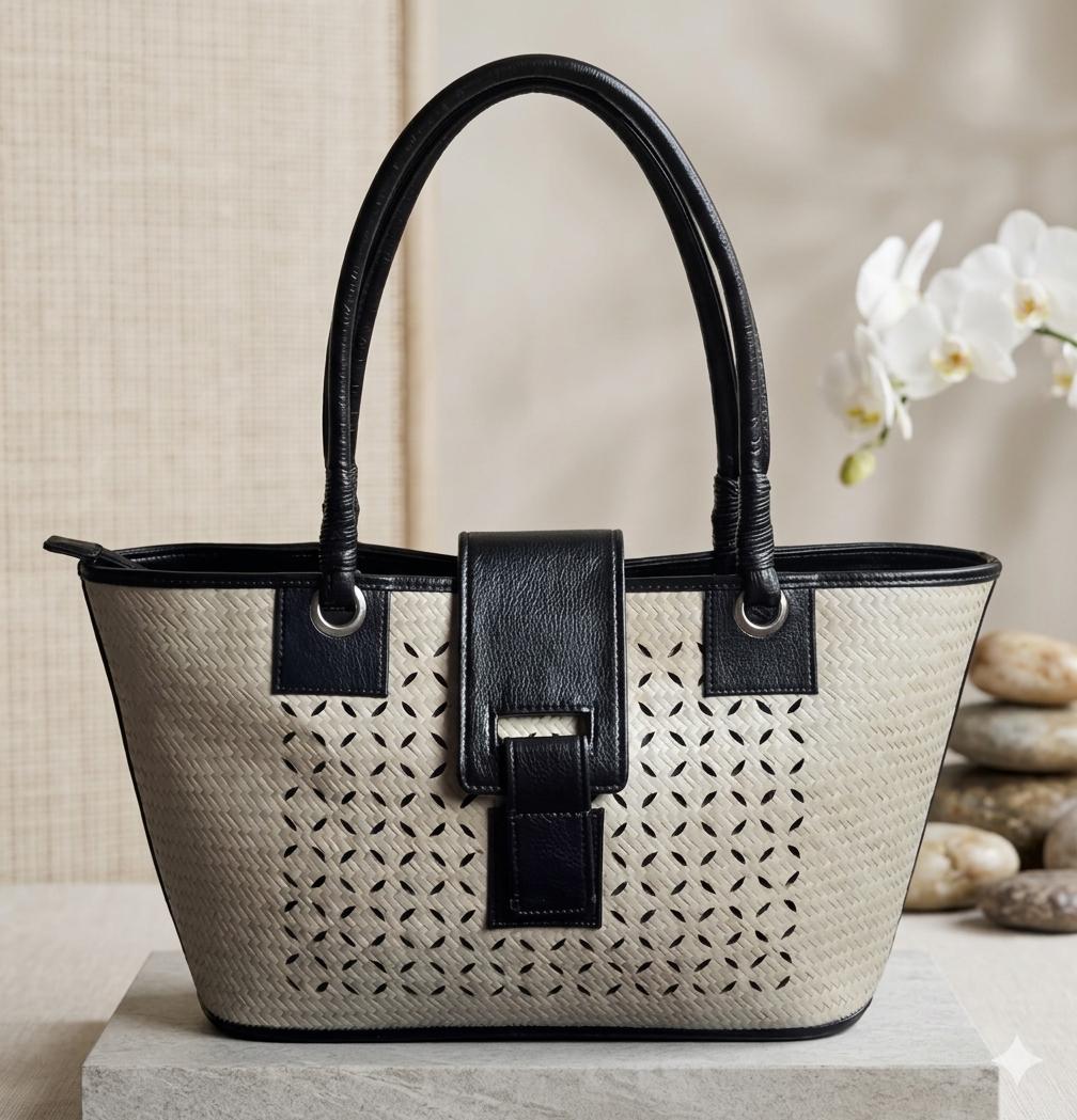 Handwoven Rattan Tote Bag with Leather Handle – Resort & Everyday Elegance